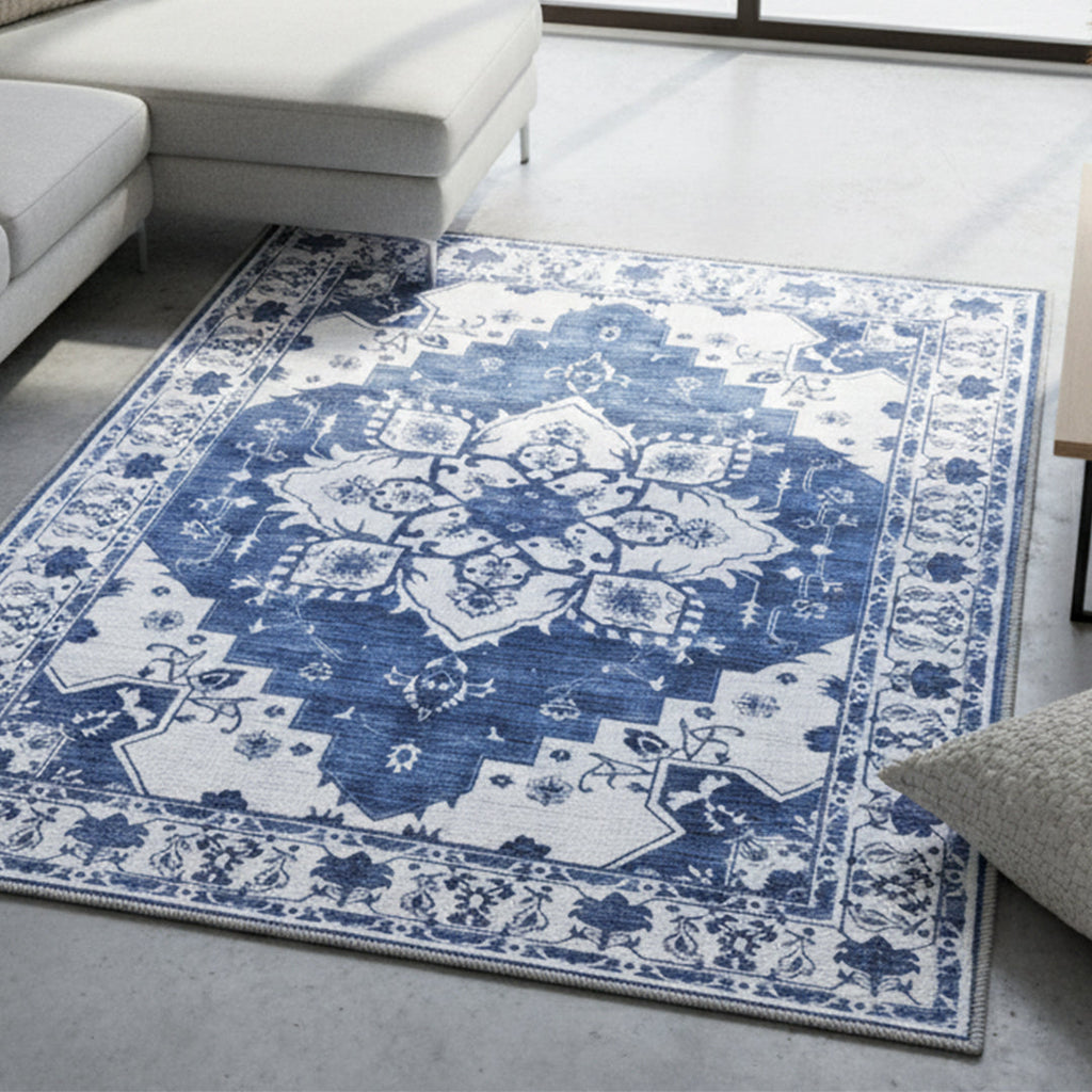 Muddy Mat® Navybell Washable Area Rugs for Living Room, Bedroom & Dining Room – Modern Soft Low Pile Non Slip Carpet – Pet Friendly Waterproof Foldable Rugs for Home