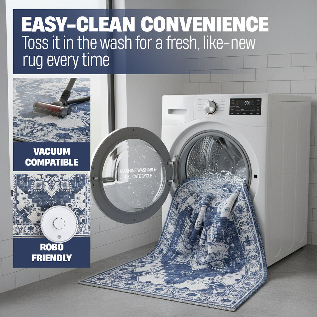 Muddy Mat® Navybell Washable Area Rugs for Living Room, Bedroom & Dining Room – Modern Soft Low Pile Non Slip Carpet – Pet Friendly Waterproof Foldable Rugs for Home
